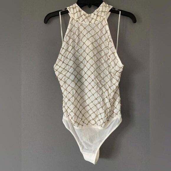 Party Glam Bodysuit Free People Halter Beaded Lattice Diamond - Picture 2 of 13